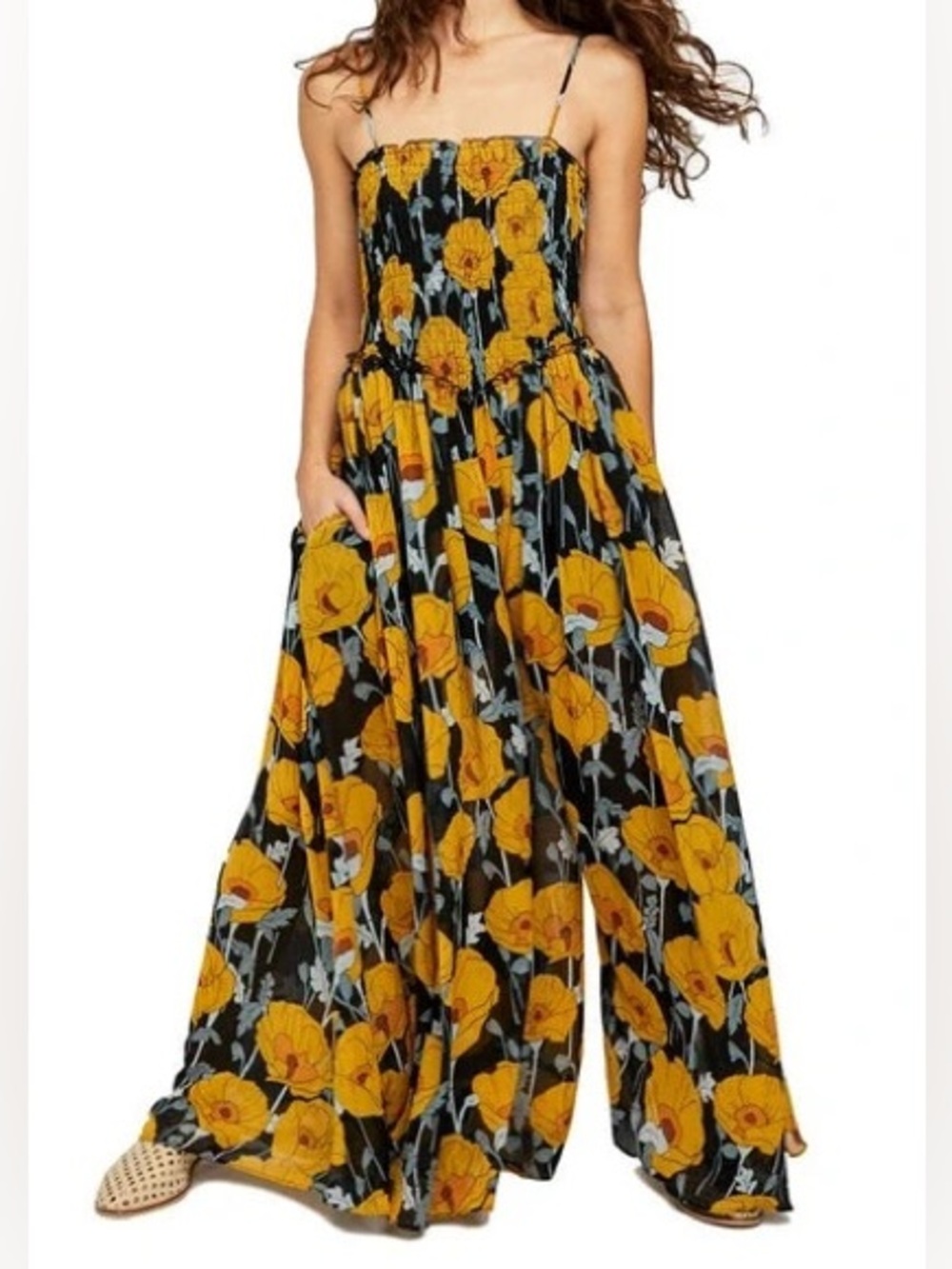 Free People Sophia Wide Leg Smocked Floral Jumpsuit